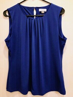 Calvin Klein Women's Large Royal Blue Pleated Sleeveless Blouse Shell Top L